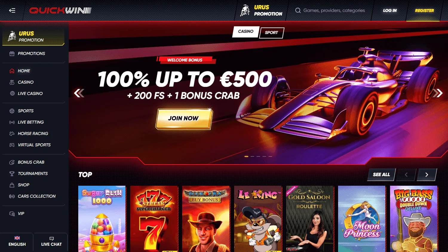 Quickwin Casino desktop home view