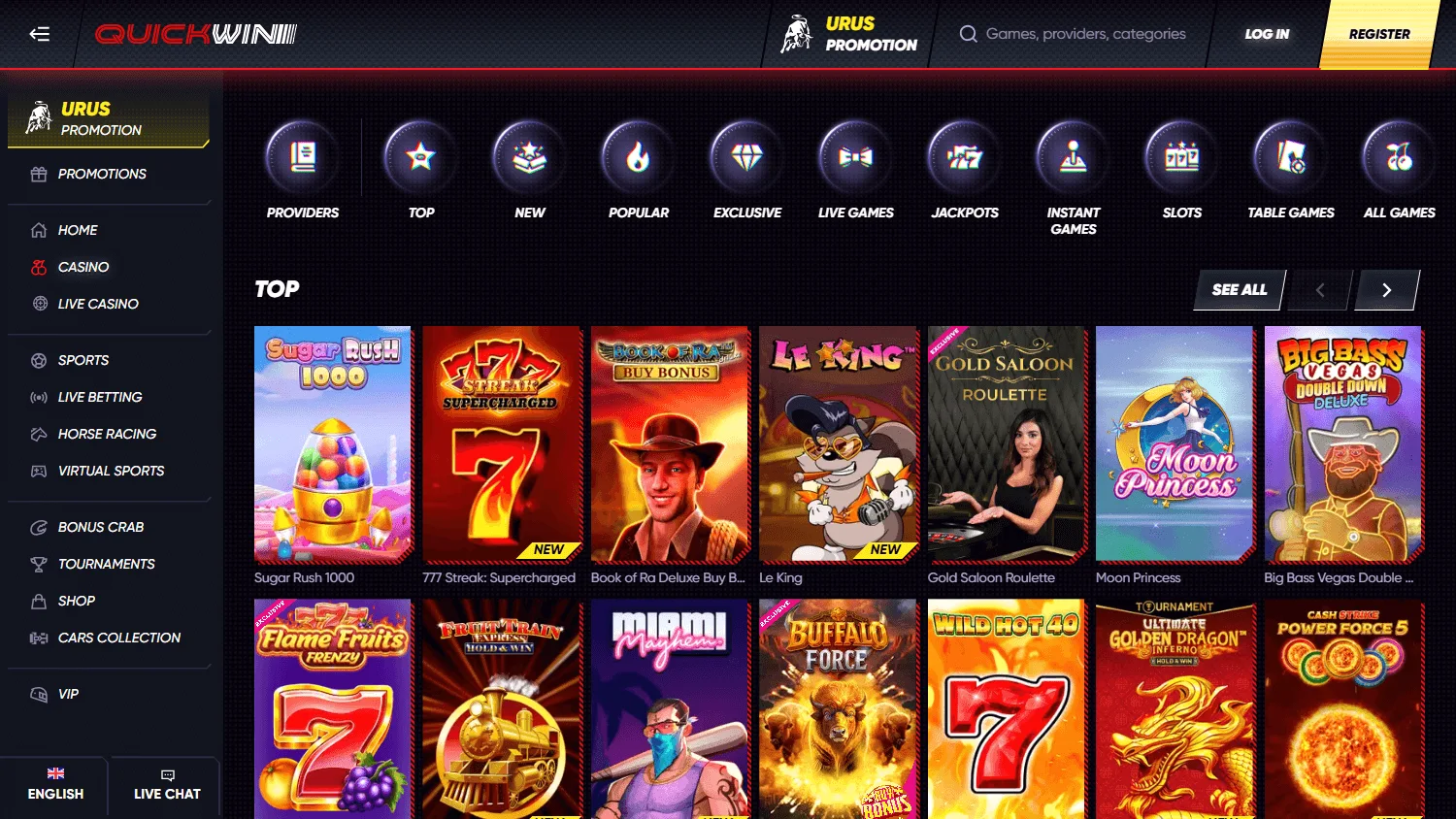 Quickwin Casino desktop games view