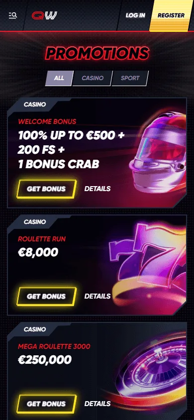 Quickwin Casino mobile browser promotions view