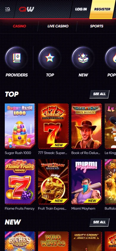 Quickwin Casino mobile browser games view