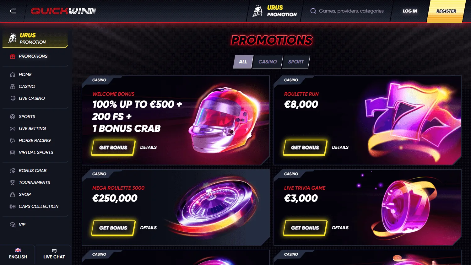 Quickwin Casino desktop promotions view