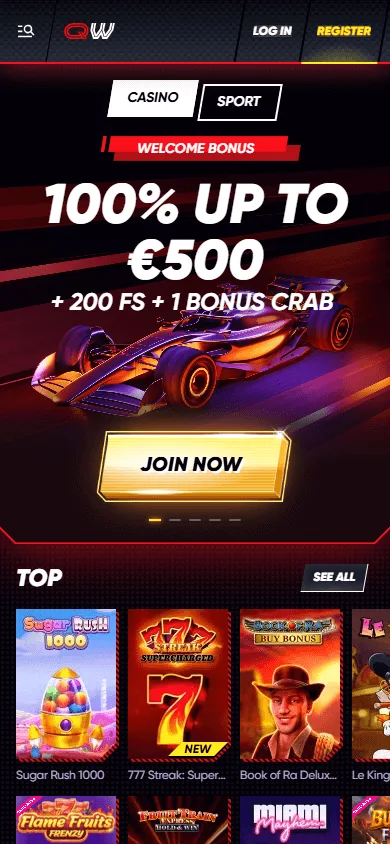 Quickwin Casino mobile browser home view